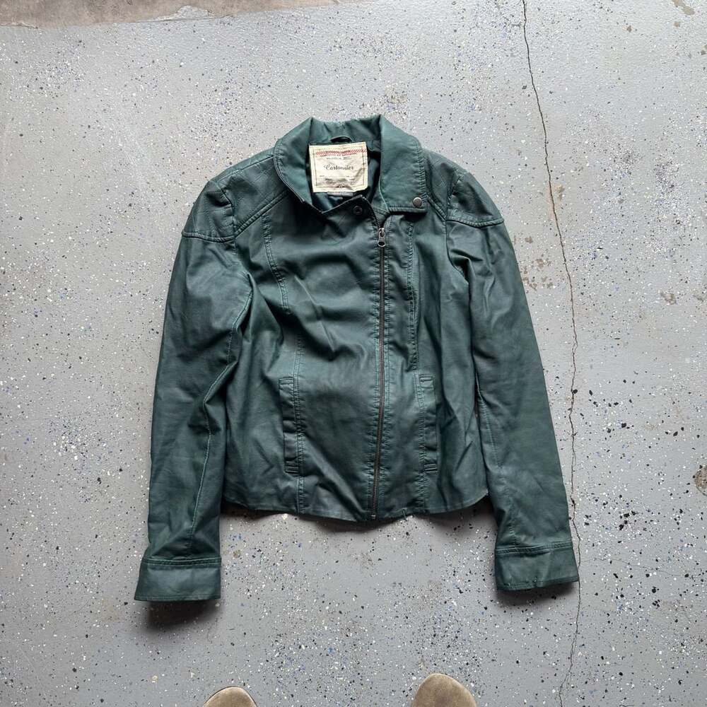 Cartonnier Anthropologie Green Leather Moto Biker Jacket Size 8